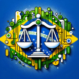 Ícone de balança da justiça com elementos visuais do Brasil representando Direito e Justiça