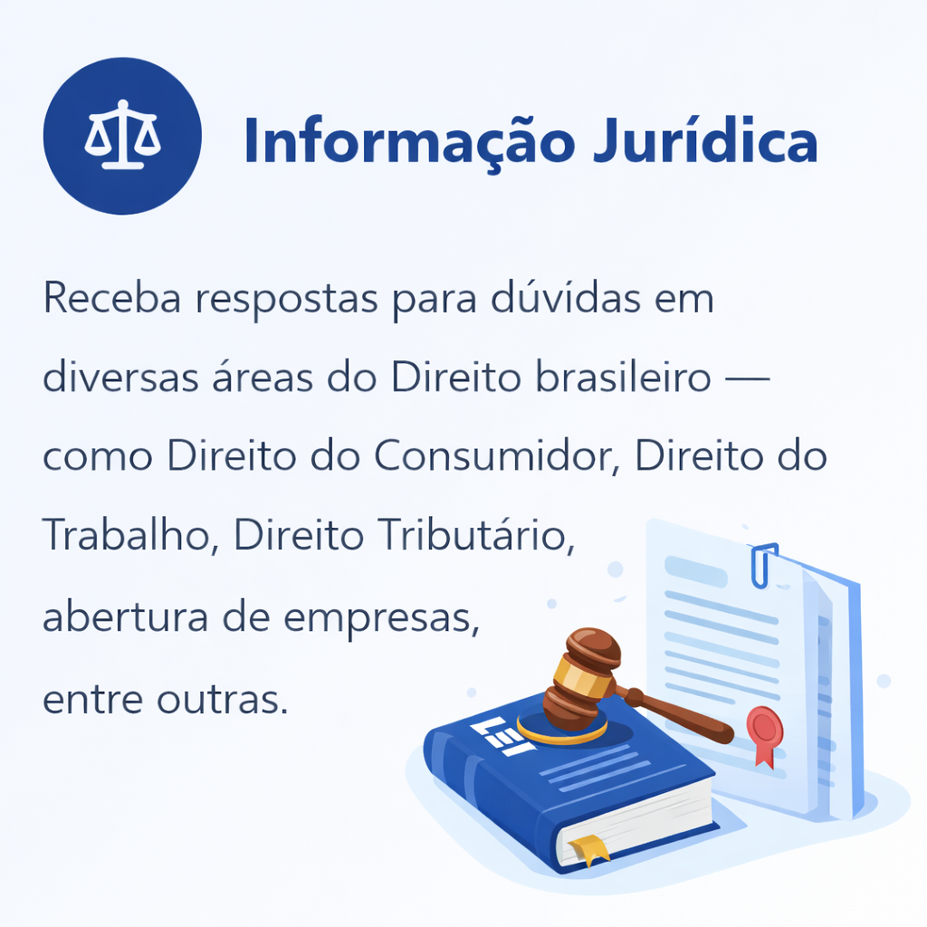 Ilustração de informação jurídica com livro de leis, martelo do juiz e documento oficial, representando o acesso a informações sobre o Direito brasileiro.