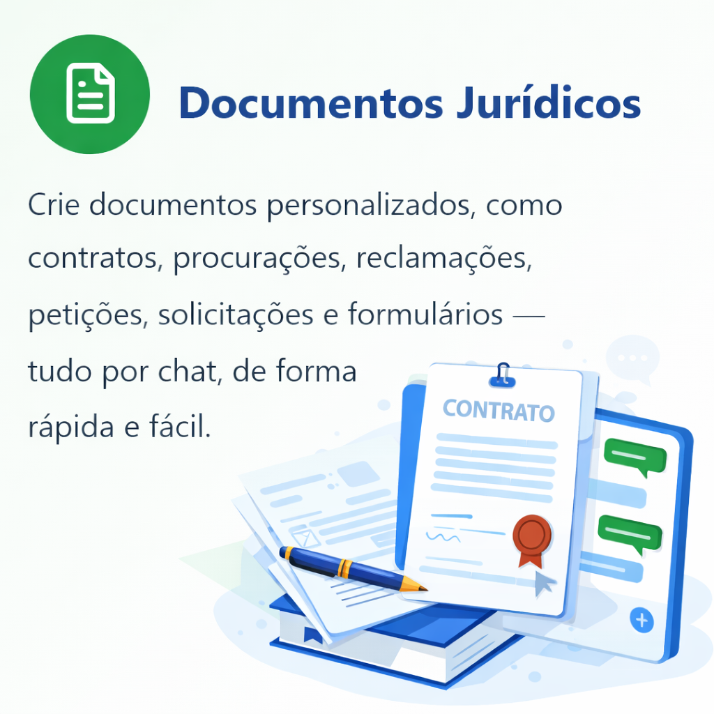 Ilustração de documentos jurídicos com contrato, formulários e interface de chat, representando a criação de documentos legais de forma digital.
