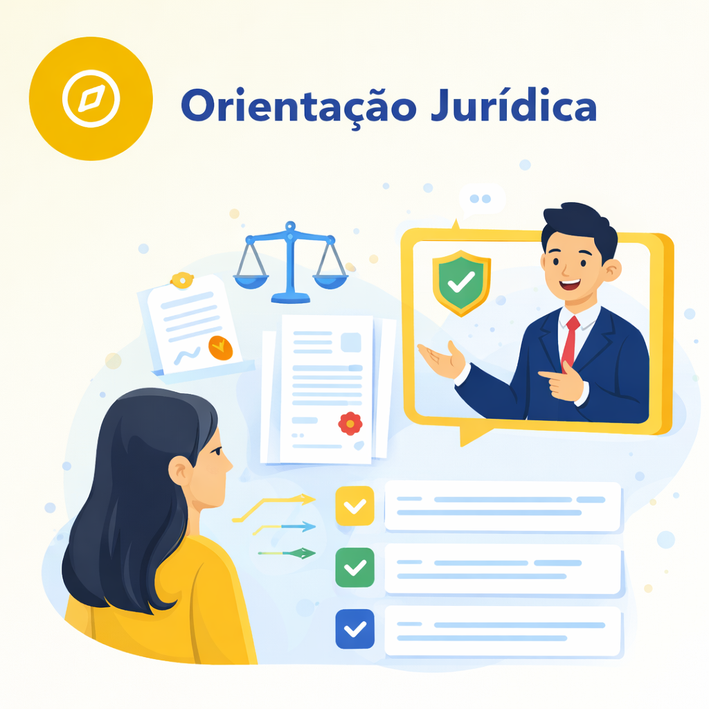 Ilustração de orientação jurídica com assistente virtual explicando direitos e procedimentos legais por meio de chat, com documentos e ícones de segurança.